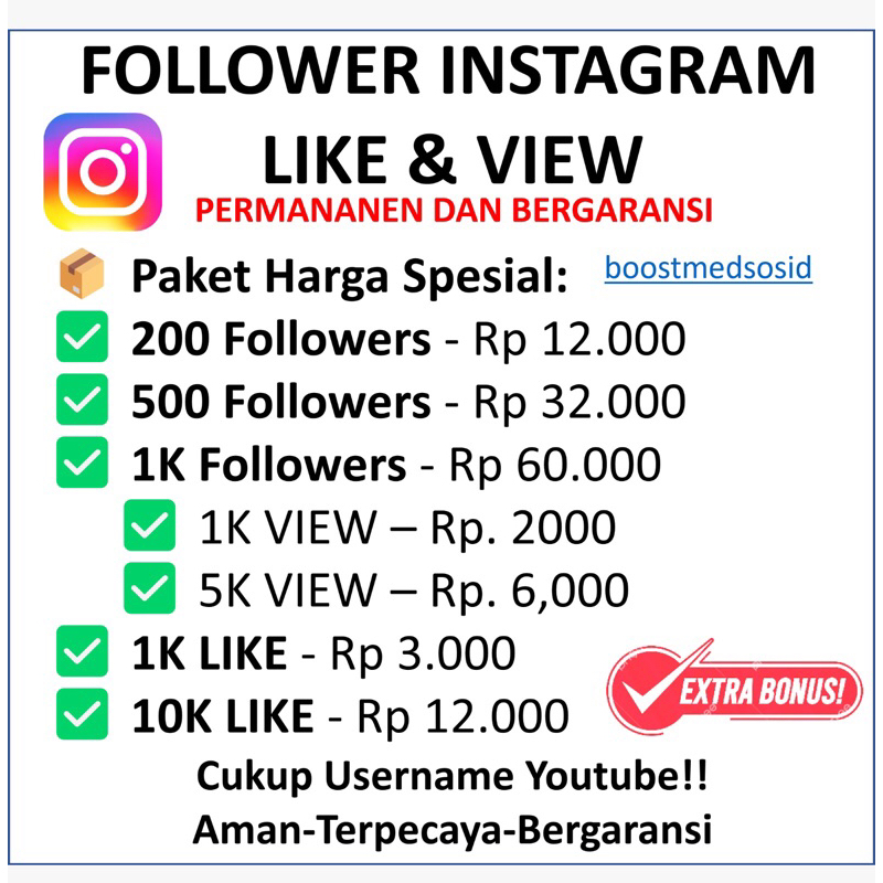 Jasa Tambah Followers like dan view Instagram Indonesia Murah, Proses Cepat dan Bergaransi