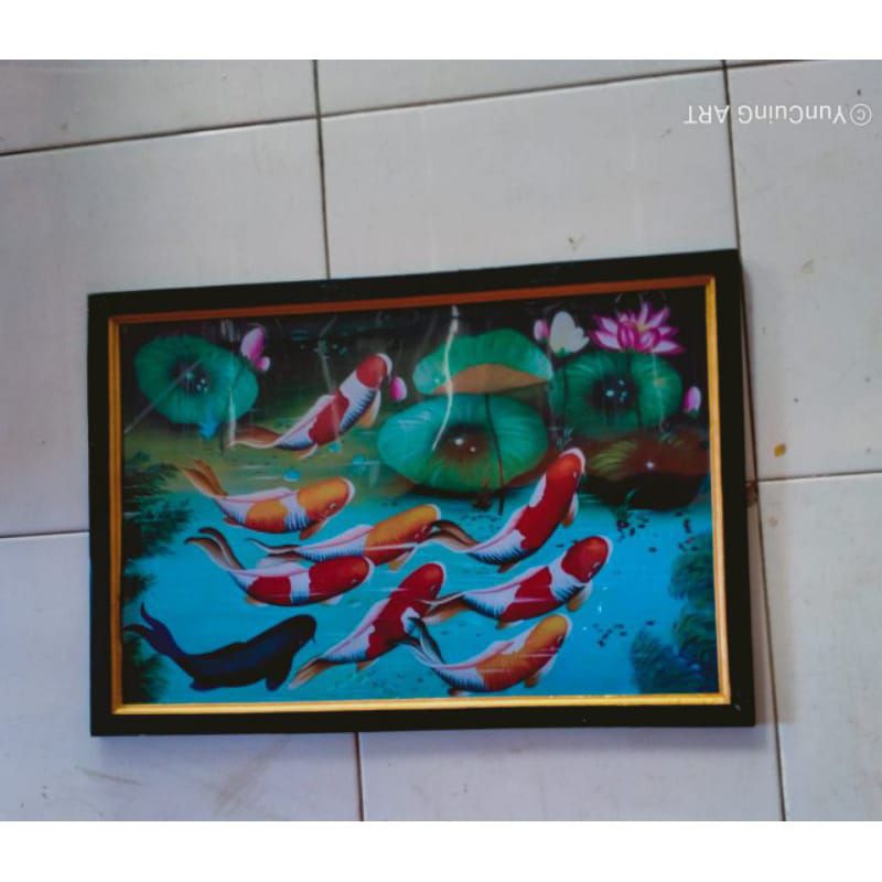 Hiasan dinding lukisan cetak ikan koi plus Bingkai ukuran 65*45