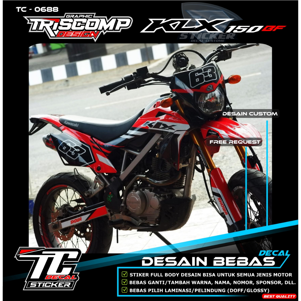 Sticker Decal KLX 150 BF New Motif simpel glossy hitam merah stiker fullbody custom Bisa reques - Li