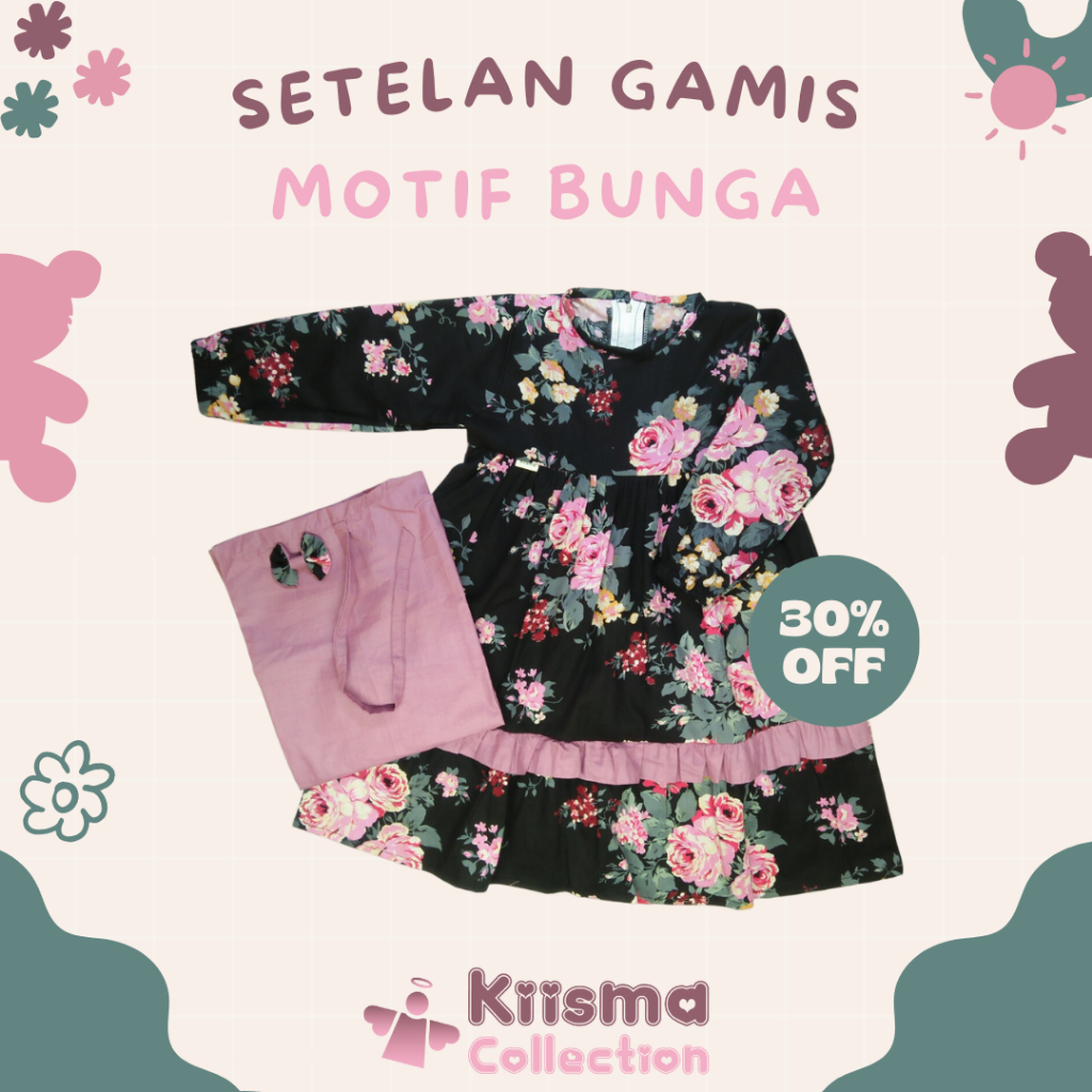 Baju Anak Perempuan Setelan Gamis Motif Bunga Warna Hitam & Pink Kiisma Collection