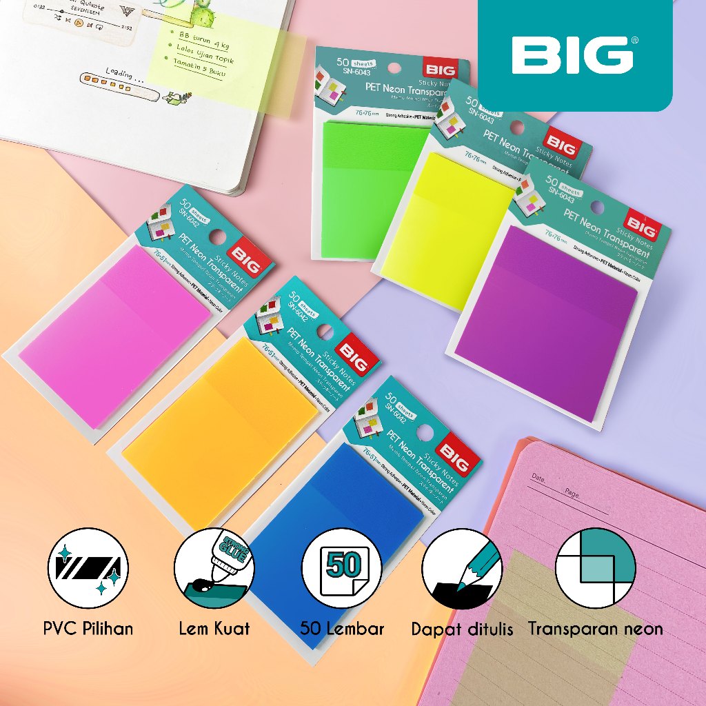 

BIG Sticky Notes PET Warna Warni Neon Fluorescent Transparan/ Note Tempel PET/ Memo Tempel Warna Neon/ Sticky Notes Cute