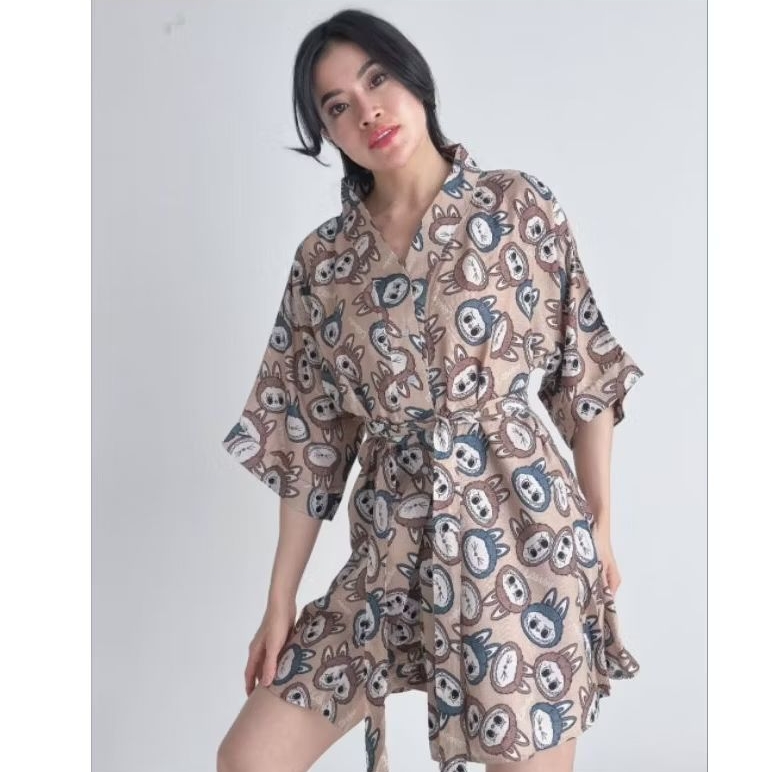 Piyama Wanita KIMONO bahan Rayon Premium - Baju Tidur 1 Set (FREE TALI) LABUBU BROWN