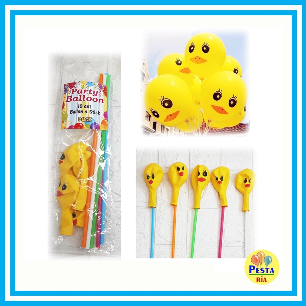 Murah (10Pcs) Stik + Balon karakter DUCK, Stik balon karakter,  Stik+ balon karakter isi 10pcs