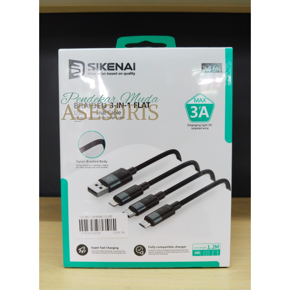 Kabel Data SIKENAI 3 in 1  Usb to MIcro, Type C, Iphone / Lightning 3A VO-05