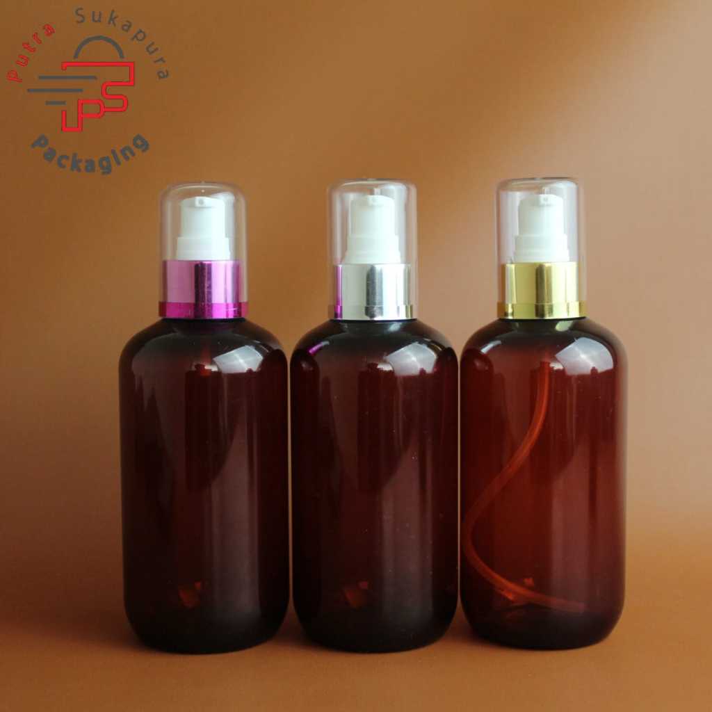 Botol treatment pump 250ml sbr coklat / botol pump treatment pump 250ml amber treatment pump alumuni