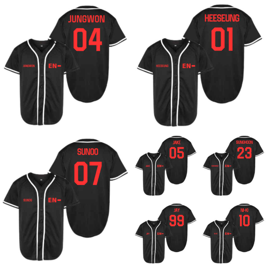 Baju jersey baseball hitam enhyp jungwon kpop heeseung niki sunoo jay jake sunghoon font merah