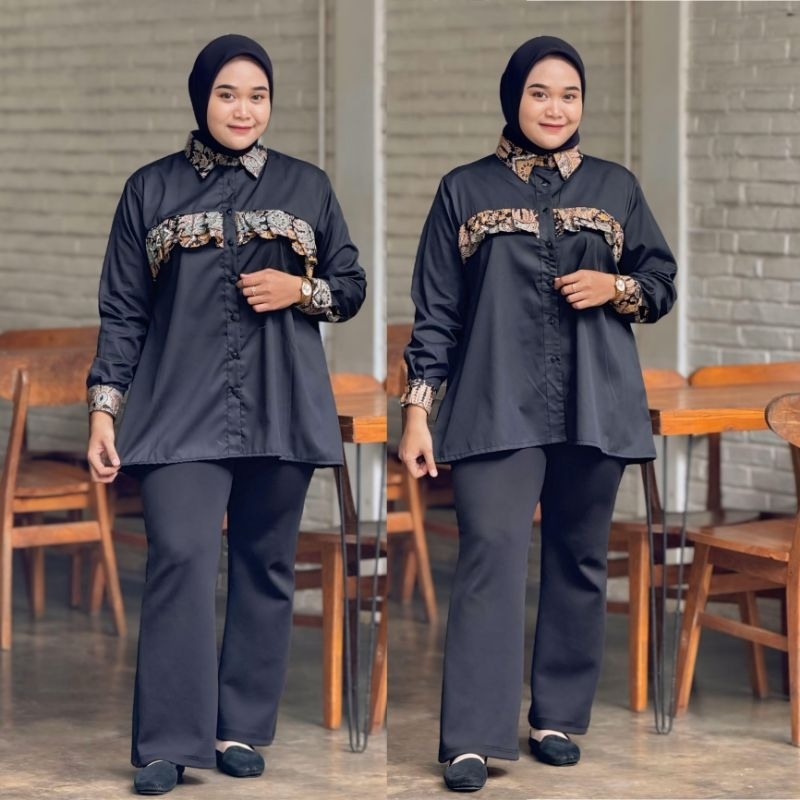 ATASAN WANITA JUMBO KOMBINASI BATIK KEMEJA JUMBO WANITA KANCING DEPAN LD 120 130 140 150 CM