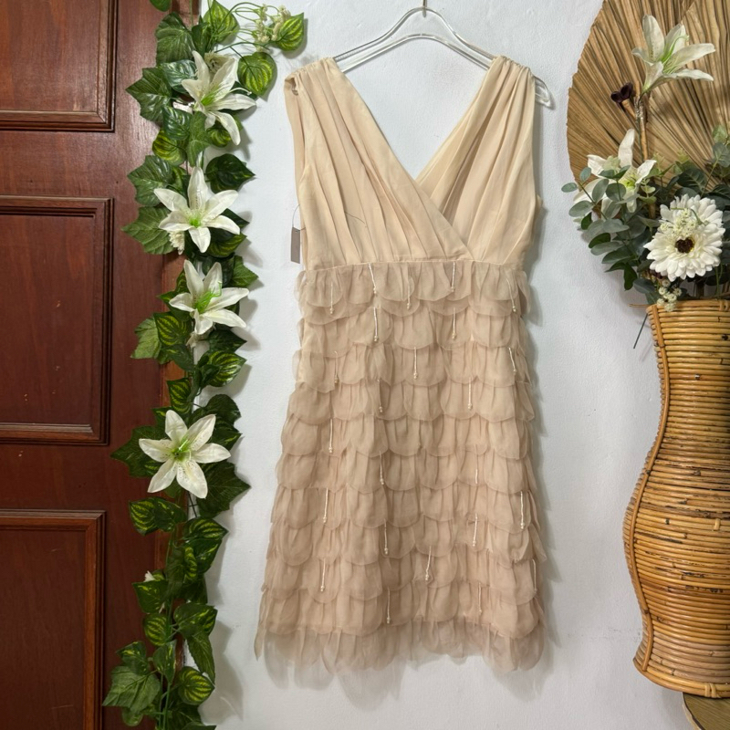 Mini Dress Beige Chiffon Ruffle