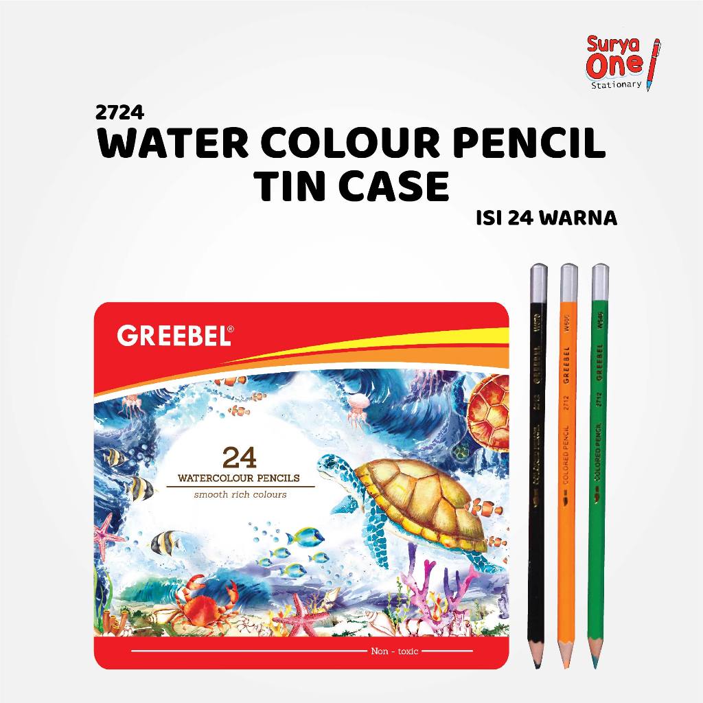 Pensil Warna Water Colour Tin Case Greebel (2724) 24 Warna / Coloring Pencil / Pencil Warna Suryaone