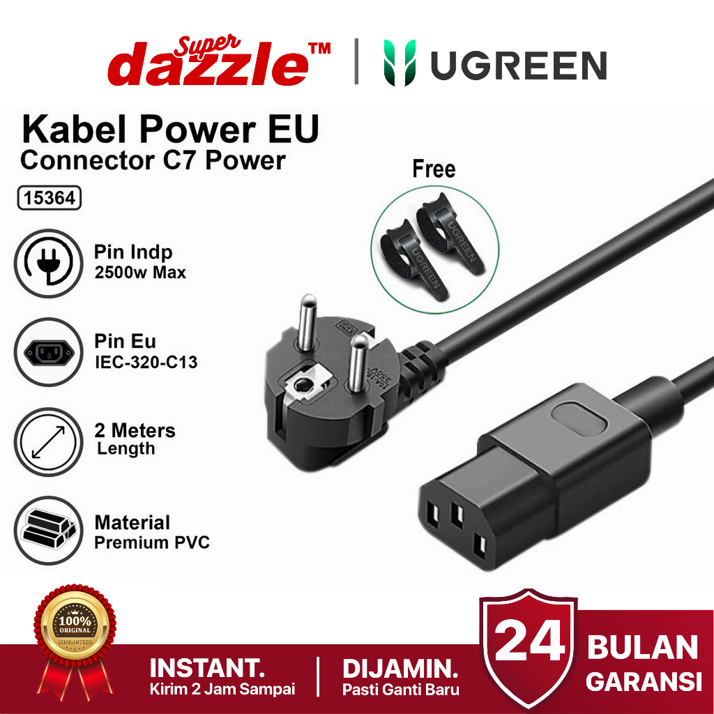 [ TERLARIS ] UGREEN Kabel Power Cord EU 2500W for CPU PC UPS Printer Monitor Proyektor Power Supply 