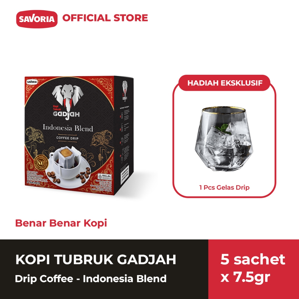 Kopi Tubruk Gadjah Drip Indonesia Blend 5 Sachet x 7.5g + Gelas Drip