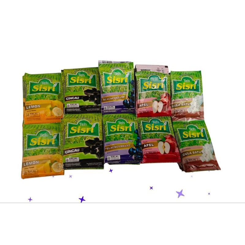 

Teh sisri minuman serbuk instan 1 renteng isi 10 pcsVarianLemon 8gr Cincau 8gr Blackcurrant 8gr Apel 8gr Gula batu 8gr