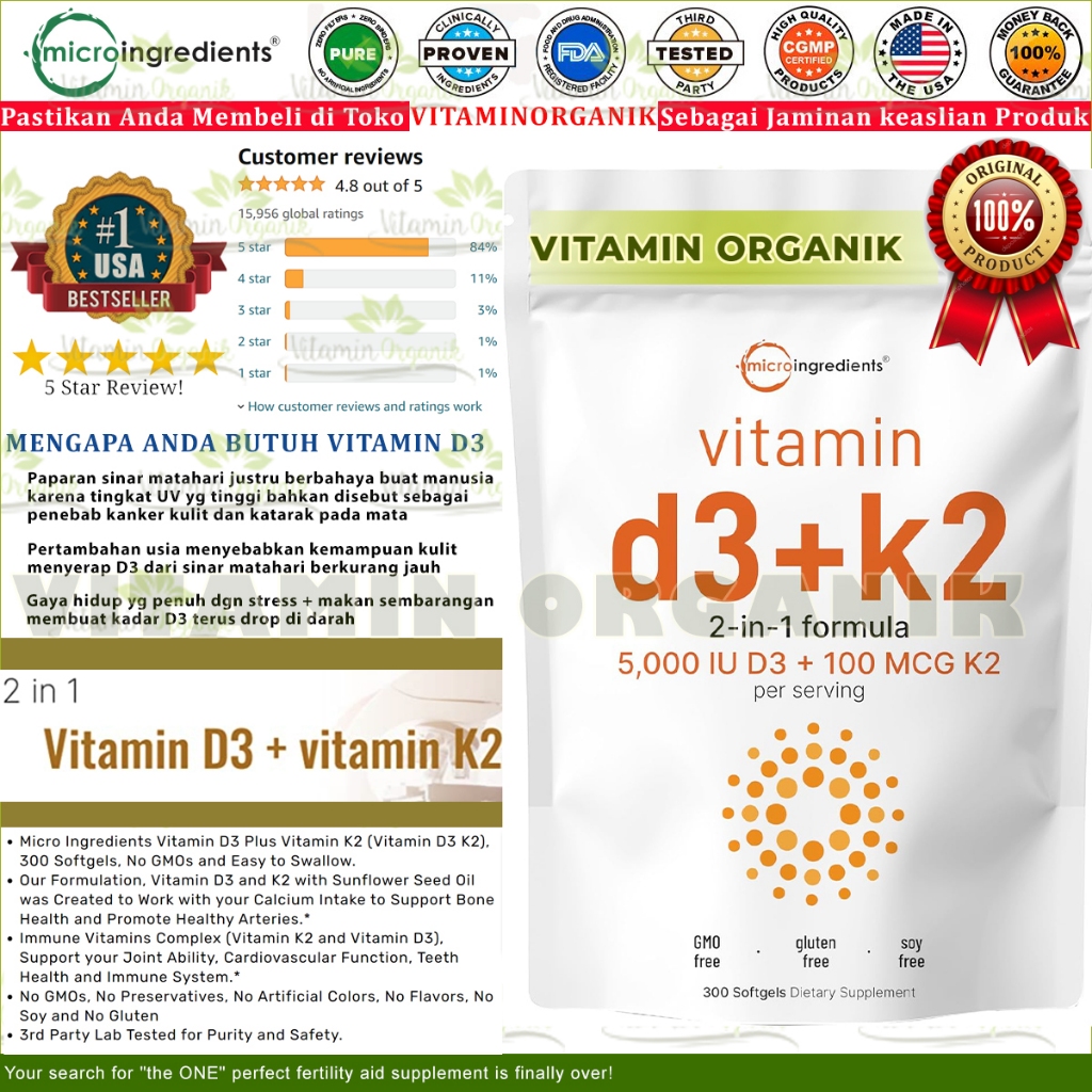 D3K2 5000IU Vitamin D3 5000 IU + K2 100 mcg Micro Ingredients 300 Softgels 100% Box SEGEL