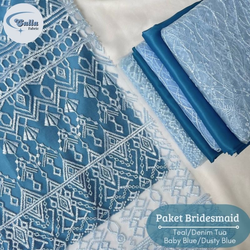 Paket Lengkap Kain Bridesmaid / Kain Satin Velvet Emerald Blue + Brukat Tile Baby Blue