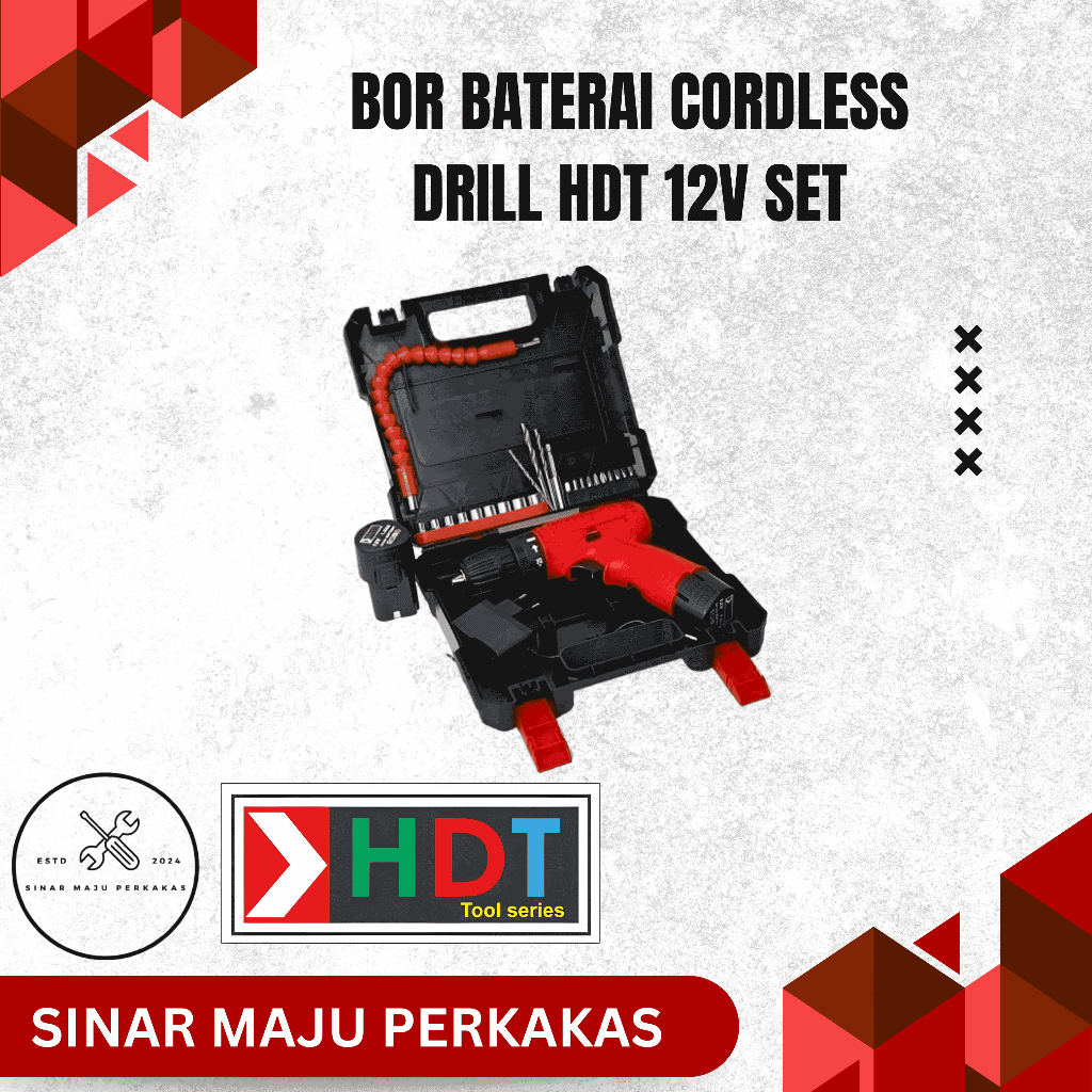 Paket Bor Baterai HDT CDD405 Cordless 12v Set Mata Bor Charger Drill 12 Volt lengkap