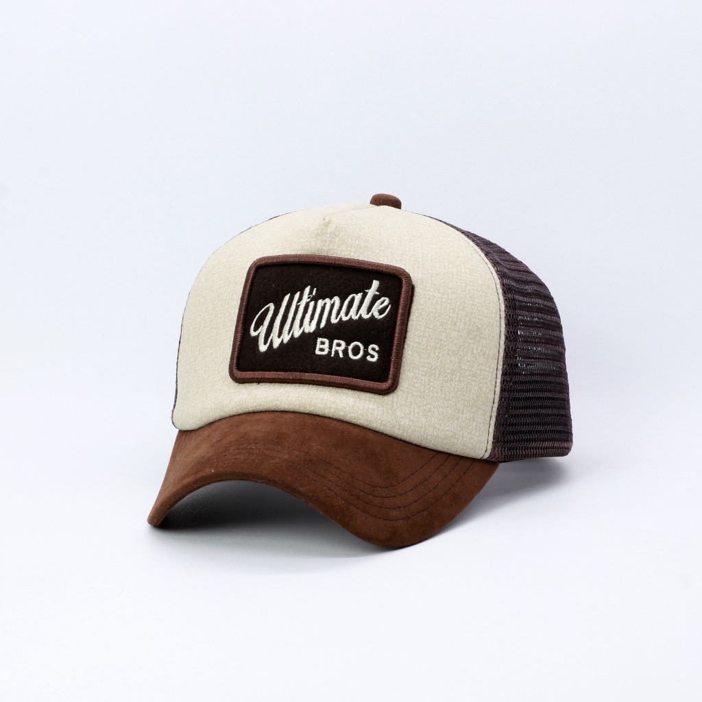 TOPI TRUCKER LIDAH PENDEK BAHAN SUEDE DARK BROWN MIX BROWN ULTI BROSS