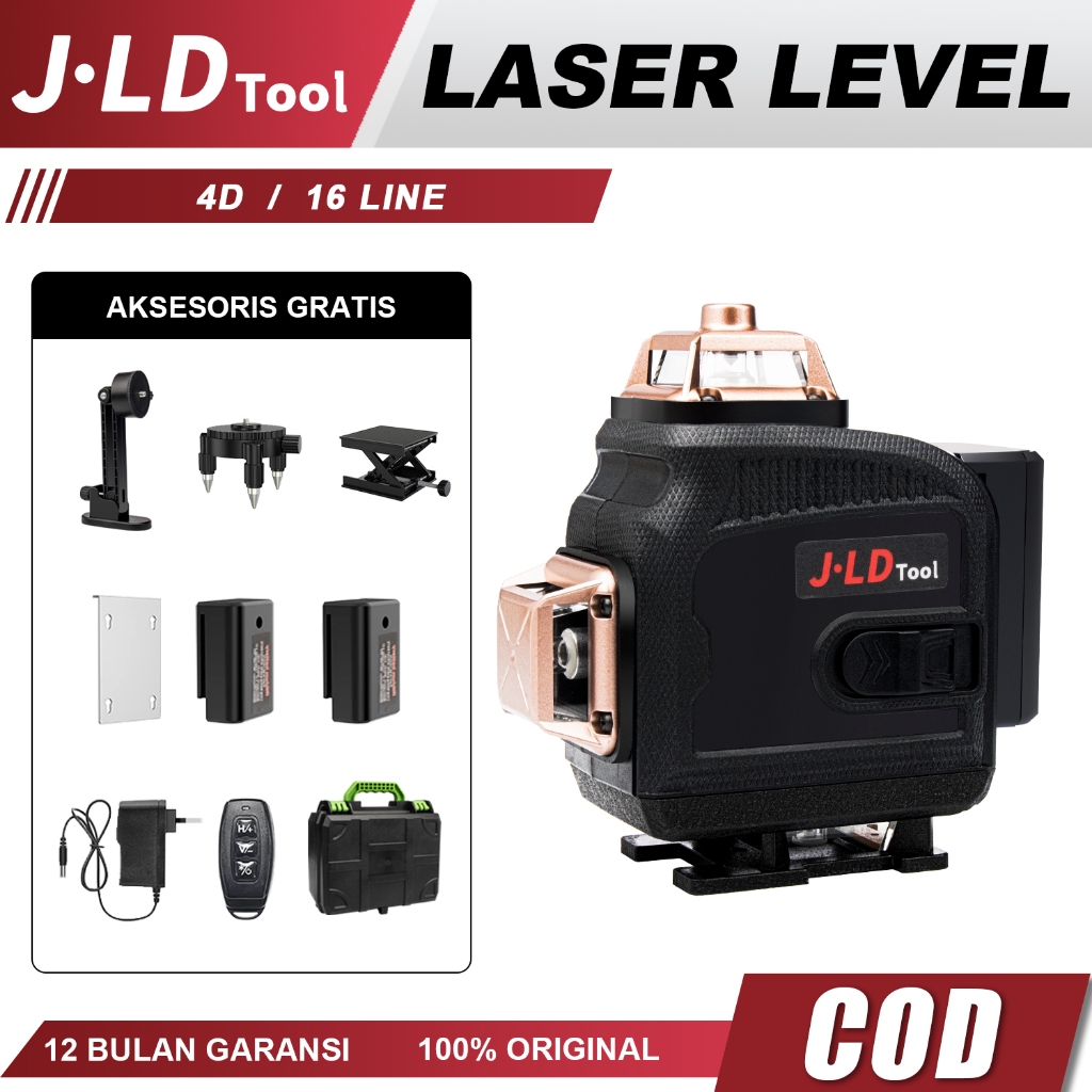 JLD Laser Level 4D 16 Lines Mesin Self Leveling Laser 360 Sinar Hijau dengan Remot Laser Fullset