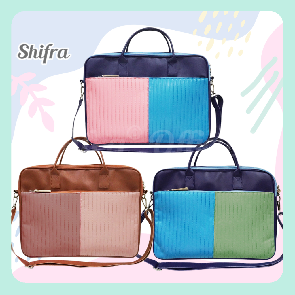 Shifra Tas Laptop Selempang Tali Panjang Kantong Embossed Kombinasi Dua Warna Blue Mint Cream Red