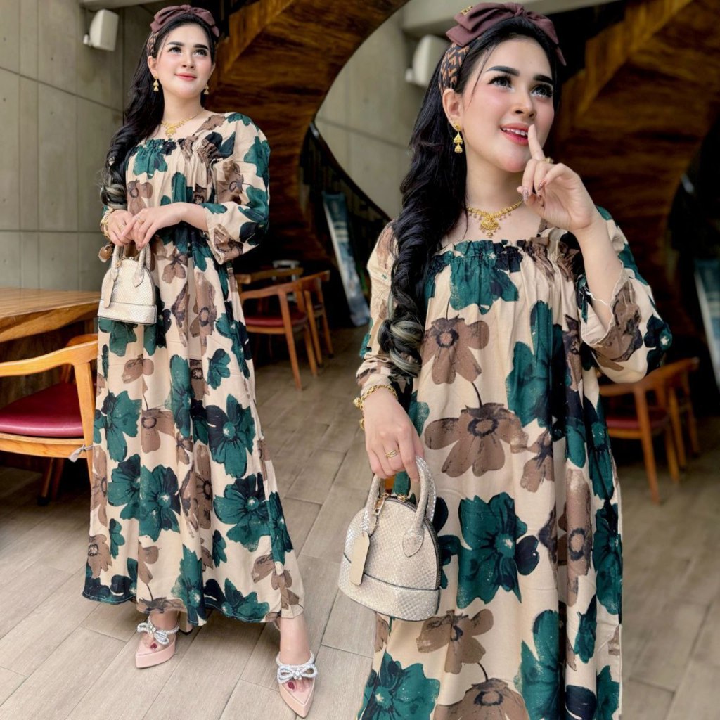 SEKDRESS FUJI MOTIF ANGGUN DASTER KERAH KARET LEHER MOTIF KEKINIAN BUNGA UKURAN JUMBO BIGSIZE BIG ZI