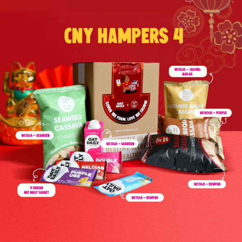 

OAT DAILY x WHOLE CHIPS Hampers Chinese New year - OAT DAILY Barista Edition 250ml, OAT DAILY Sachet 4 varian, WHOLE CHIPS 40g 4 varian