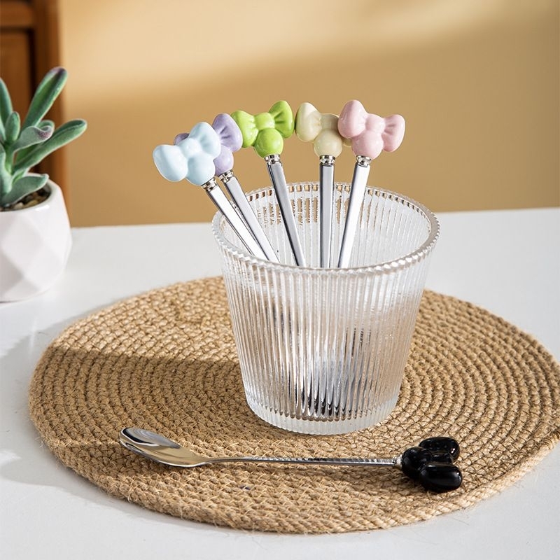 Lostklik Rb Set Sendok Garpu Pita Minnie Keramik Stainless Dessert Korea Cantik Peralatan Makan