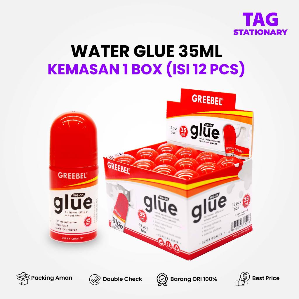 

GREEBEL Lem Cair / Water Glue 35 ML (12 PCS/BOX) / Lem Kertas Lem Kayu / Timur Agung Grosir