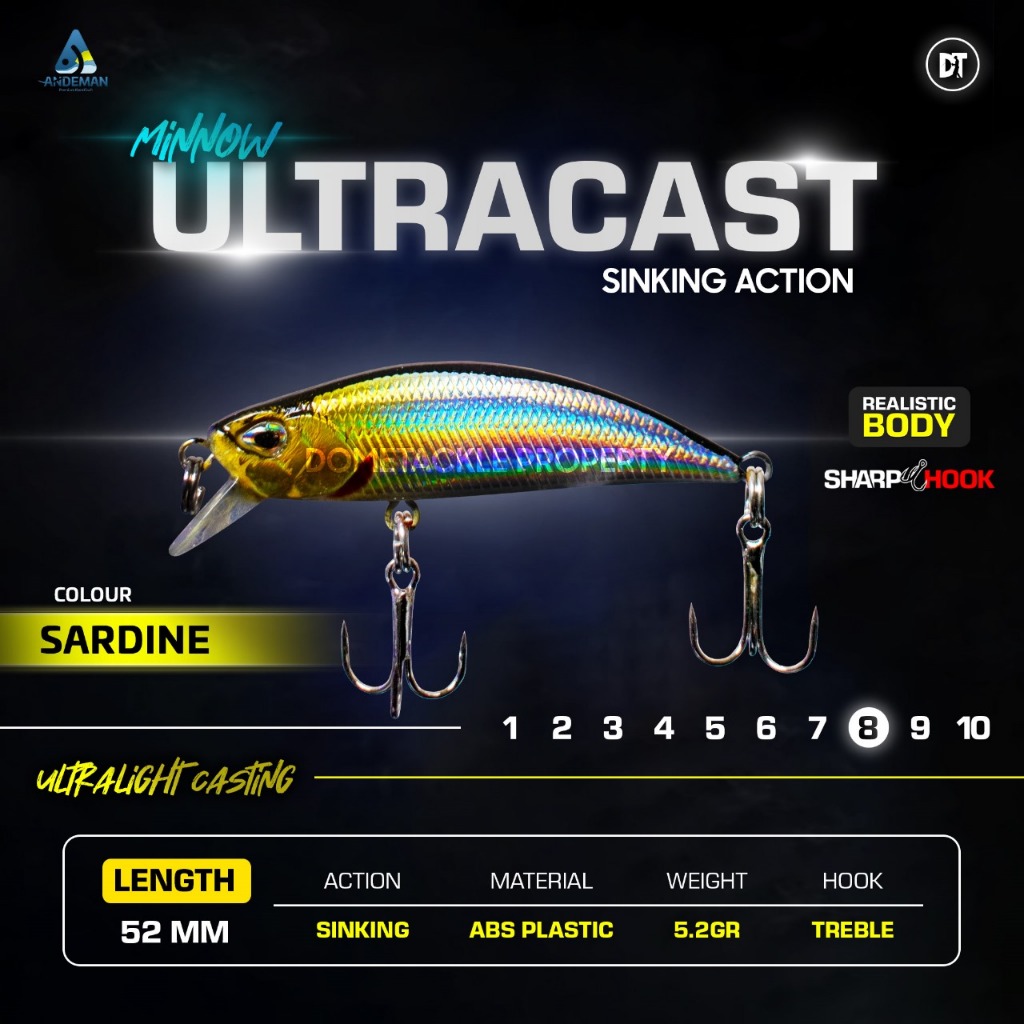 Umpan Pancing Minnow Ultracast 5.2 gram 5.2 cm By Andeman UL Ultralight Casting Sinking Tenggelam | 