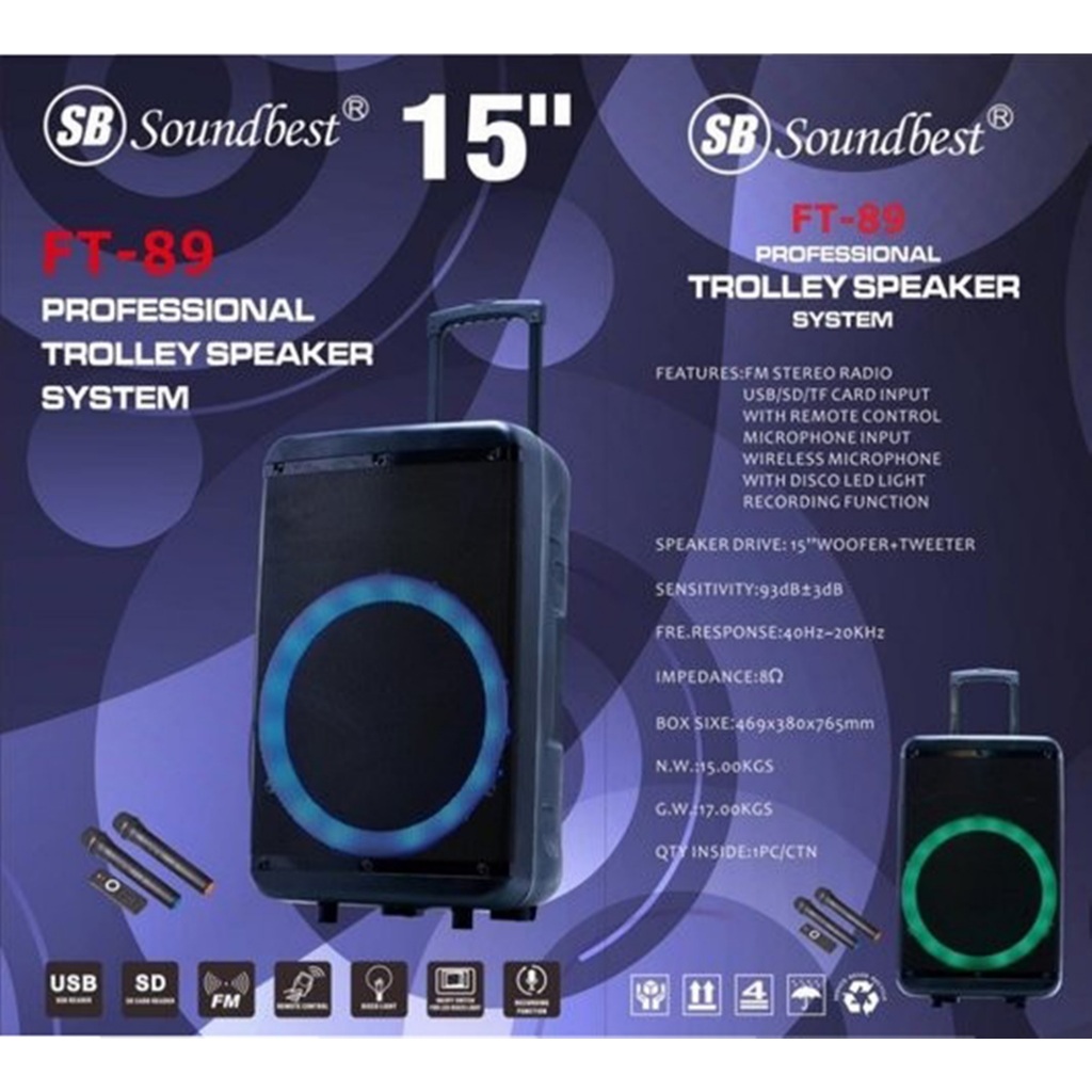 Speaker Portable Soundbest FT-89 - Professional Speaker Trolley 15 inch FT89