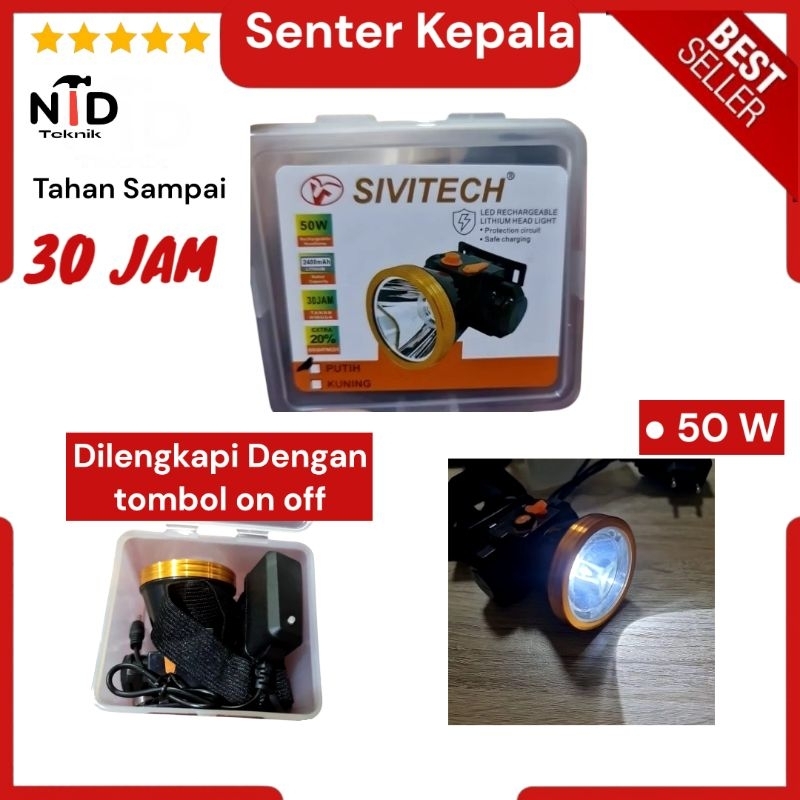 Senter Kepala 50 W putih / Senter kepala sivitech / senter kepala
