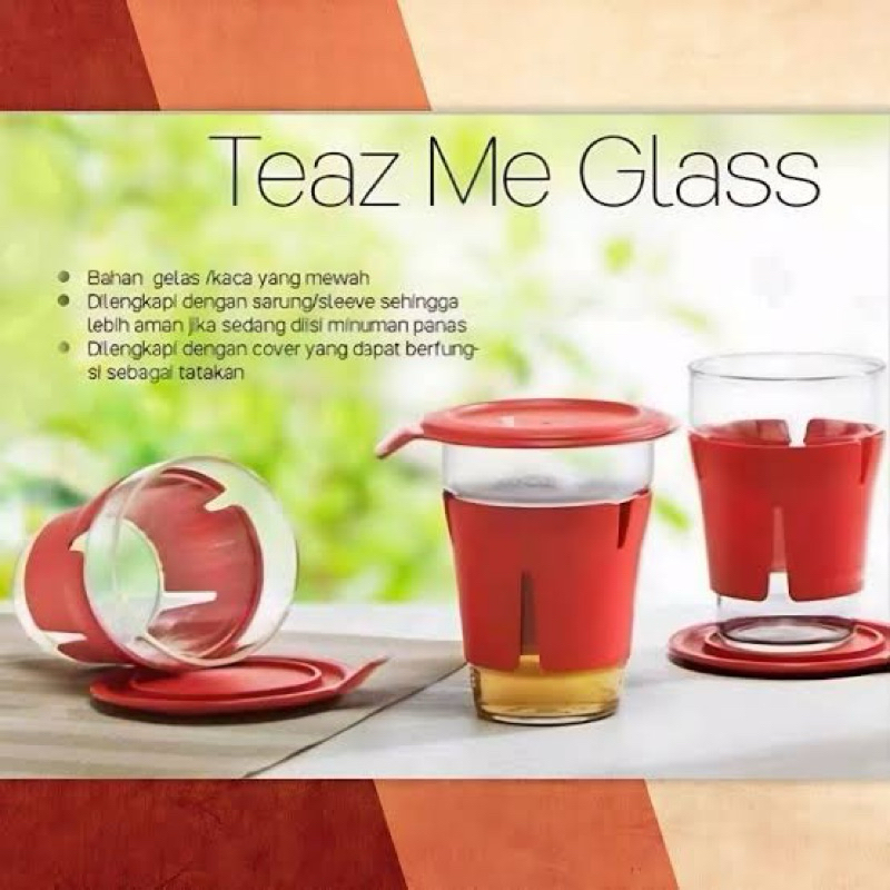 1 Set (isi 2 pcs) teaz me glass tupperware - gelas / tumbler bahan kaca & tutup tidak kedap (hanya m