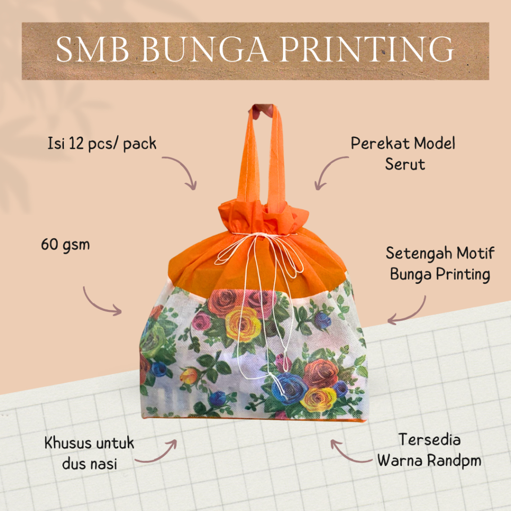 

(12 pcs) Tas Kain Hajatan SMB Bunga Printing Tebal Dus Nasi 22 x 22 Spunbond - Spunbond