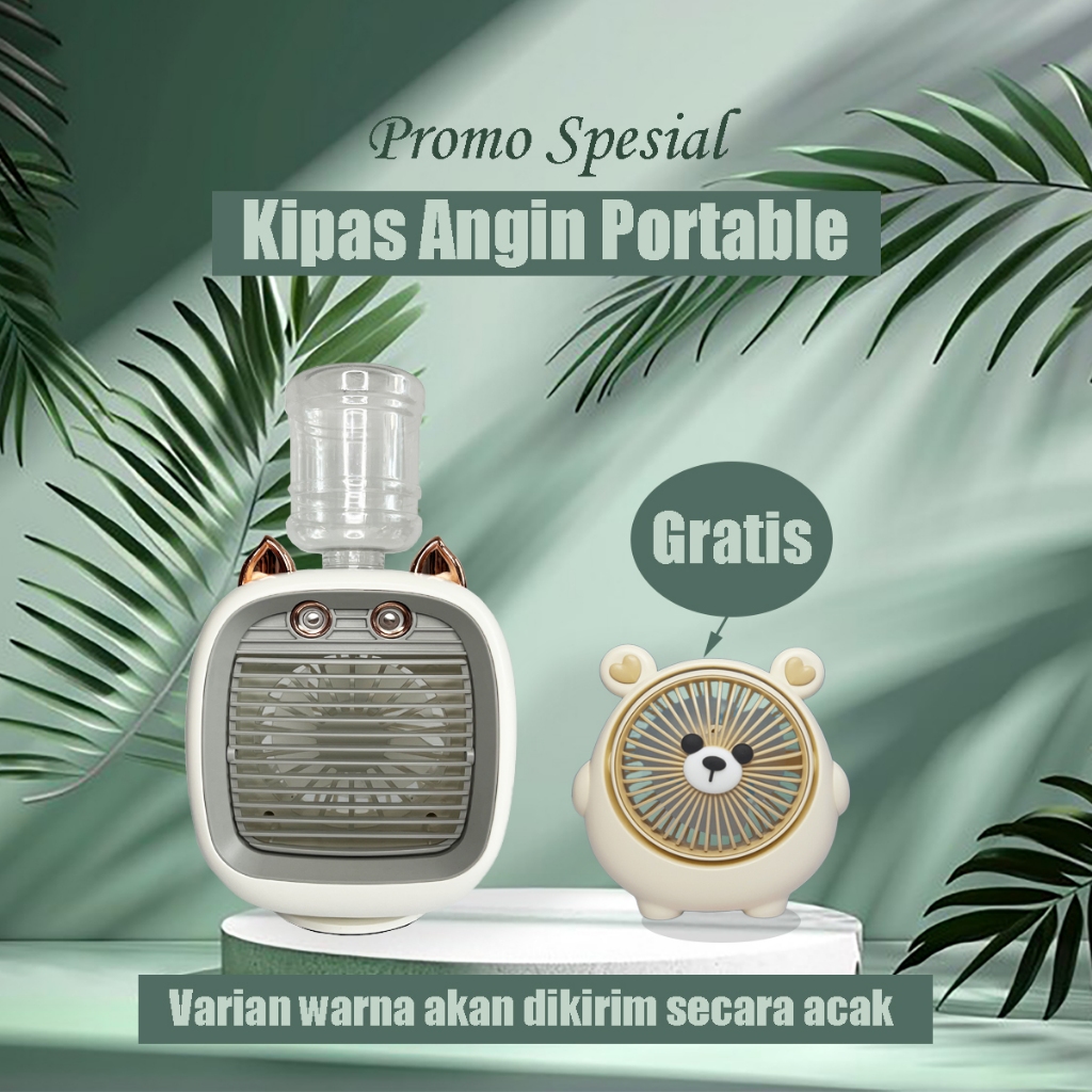 Kipas Angin Mini Portable Galon Double Spray Fan Nano Mist Rotating 3-Speed Wind Karakter Fox Lucu
