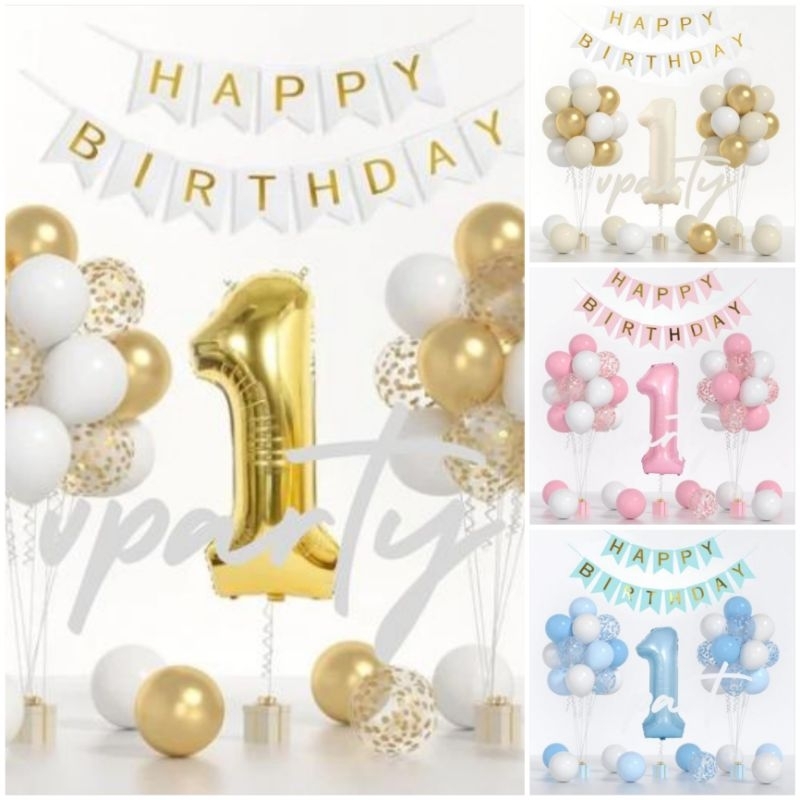 Paket Balon Dekorasi Ulang Tahun Simple Gold / White / Blue / Pink (Tanpa Standing Balon)