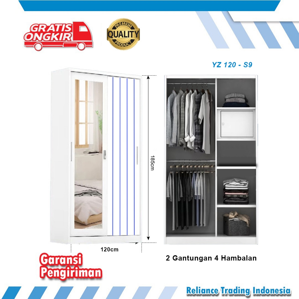 TITANOK LEMARI BESI- FREE PACKING KAYU Lemari Pakaian Sliding Cermin 2 pintu Metal Sliding Wardrobe 