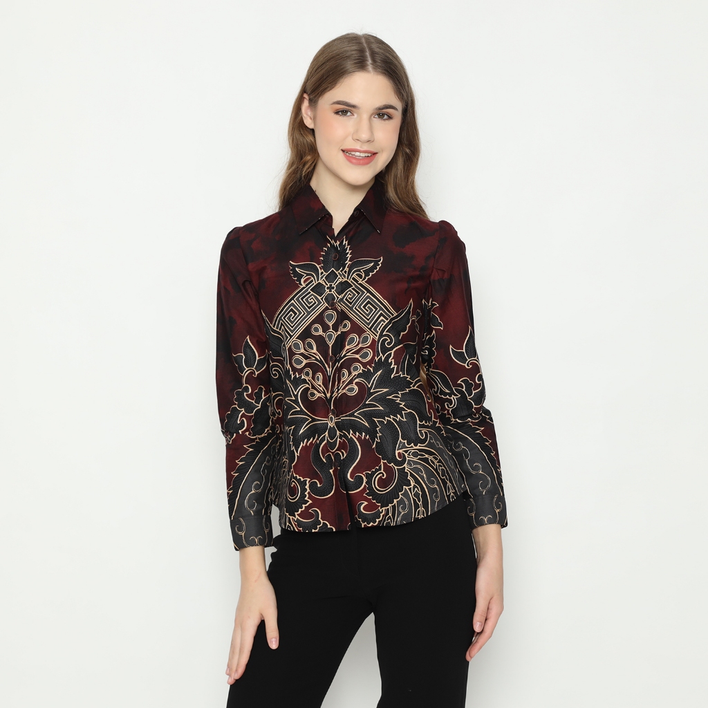 LUIGI RICCIO Kemeja Batik Wanita Dress Jubah Red Series Mewah Elegan Sampai 4XL Seragaman Couple Sig