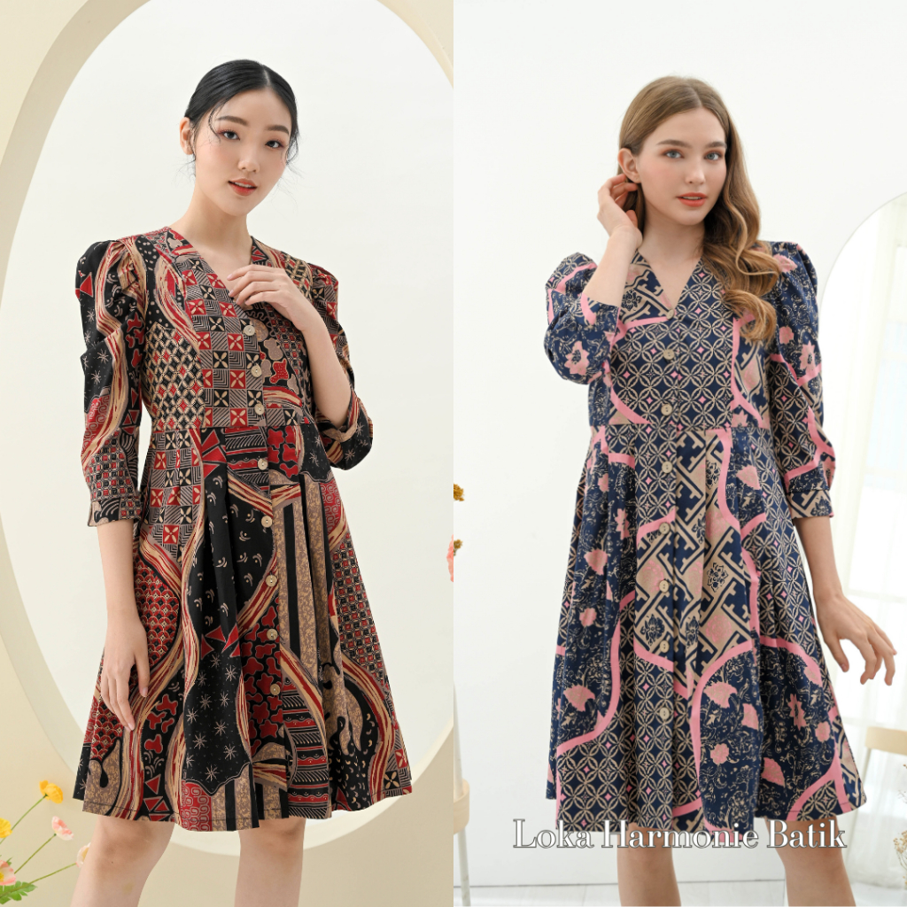 308 DRESS BATIK WANITA KEKINIAN - Baju Atasan Dress Kemeja Batik Keluarga Pasangan Couple Anak Moder