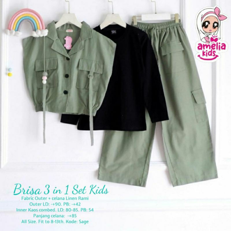 BRISA 3IN1 SET KIDS - SETELAN 3IN1 ANAK INNER KAOS COMBAD OUTER + CELANA LINEN RAMI ORI By AMELIA KI