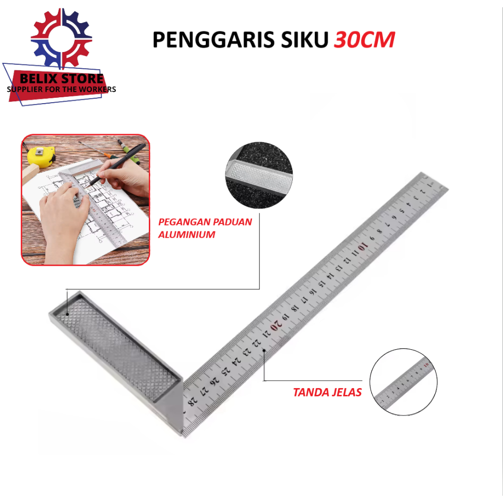 

Penggaris Siku Tukang Stainless Steel 12 Inch 30 cm Sikon Penggaris Siku L