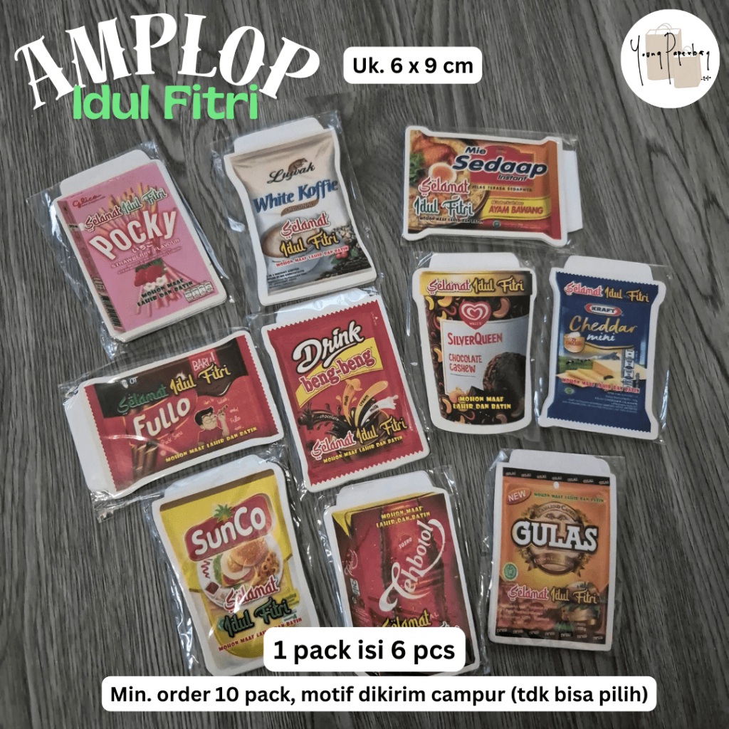 

Amplop Uang Unik bentuk Snack Selamat Lebaran Idul Fitri / Ramadhan Glossy Kecil Uk. 6 x 9 cm - 1 pack isi 6 pcs