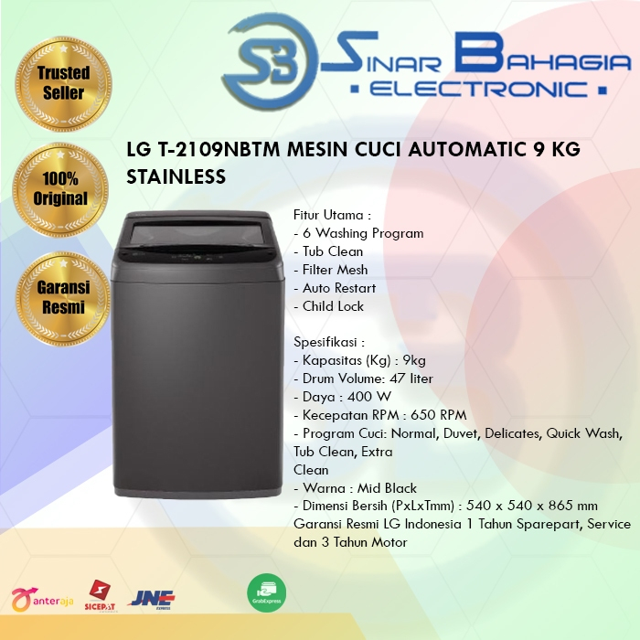 LG T-2109NBTM MESIN CUCI AUTOMATIC 9 KG STAINLESS (NEW)(KHUSUS BANDUNG)