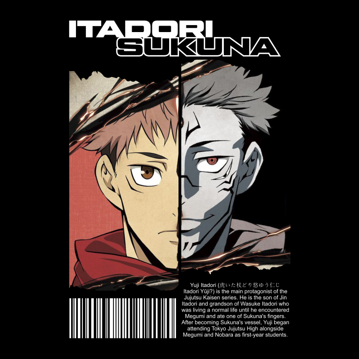 SABLON SETRIKA SABLON DTF PRINTING ITADORI YUJI X SUKUNA JUJUTSU KAISEN Ukuran 20-30cm A3