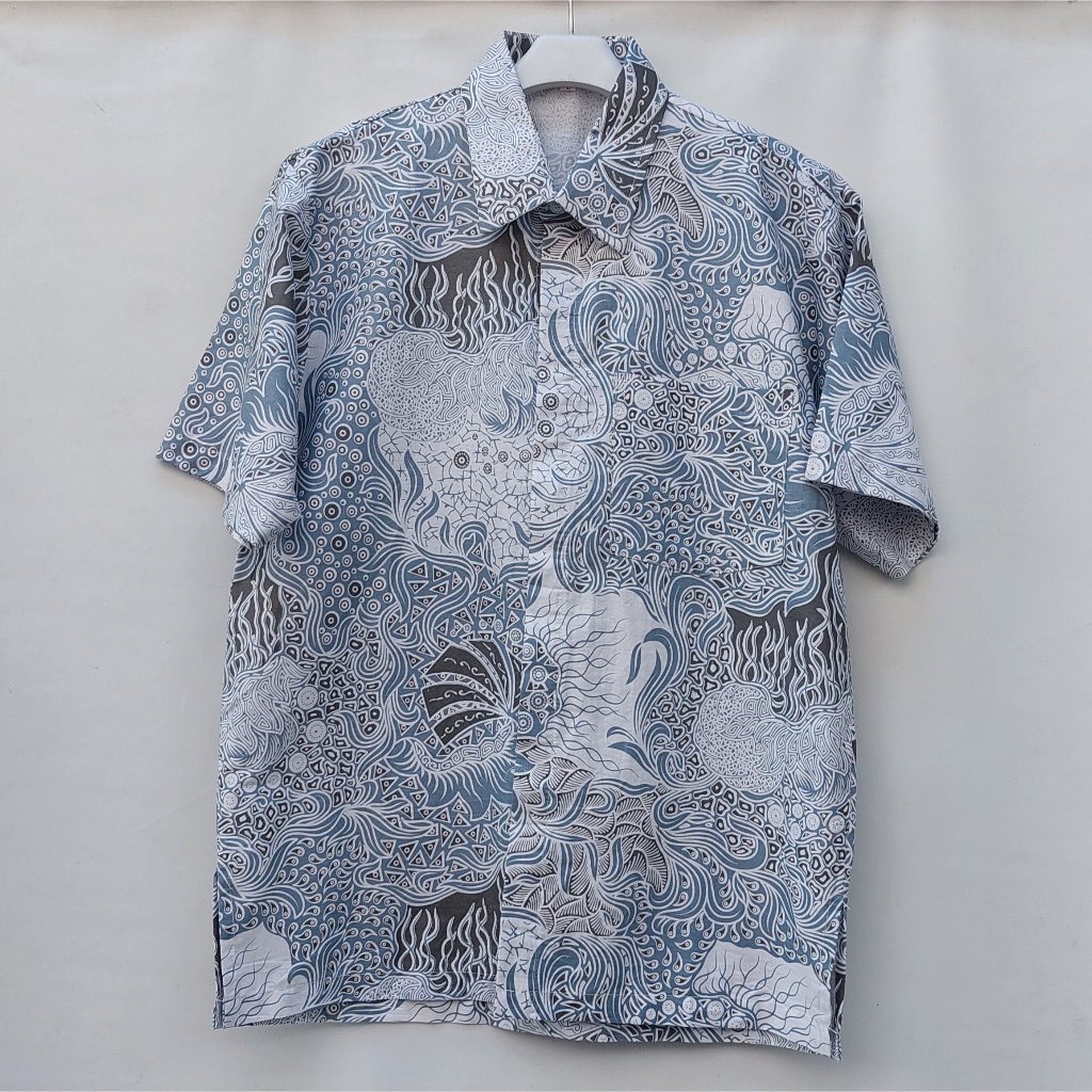 Kemeja Batik Pria Lengan Pendek Warna Abu Soft Motif Enggal Hem Batik Pria