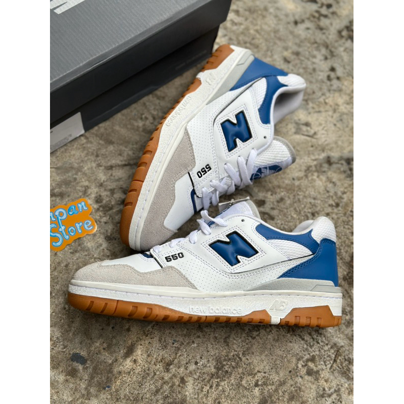 New Balance Sepatu Sneakers Putih dan Biru 550 Original Resmi
