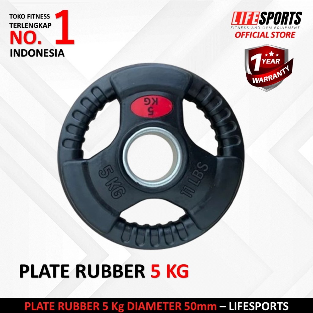 LIFESPORTS - New Alat Olahraga Fitness Classic Black Rubberized Plate Rubber 3 Grip Bumper 5 Kg