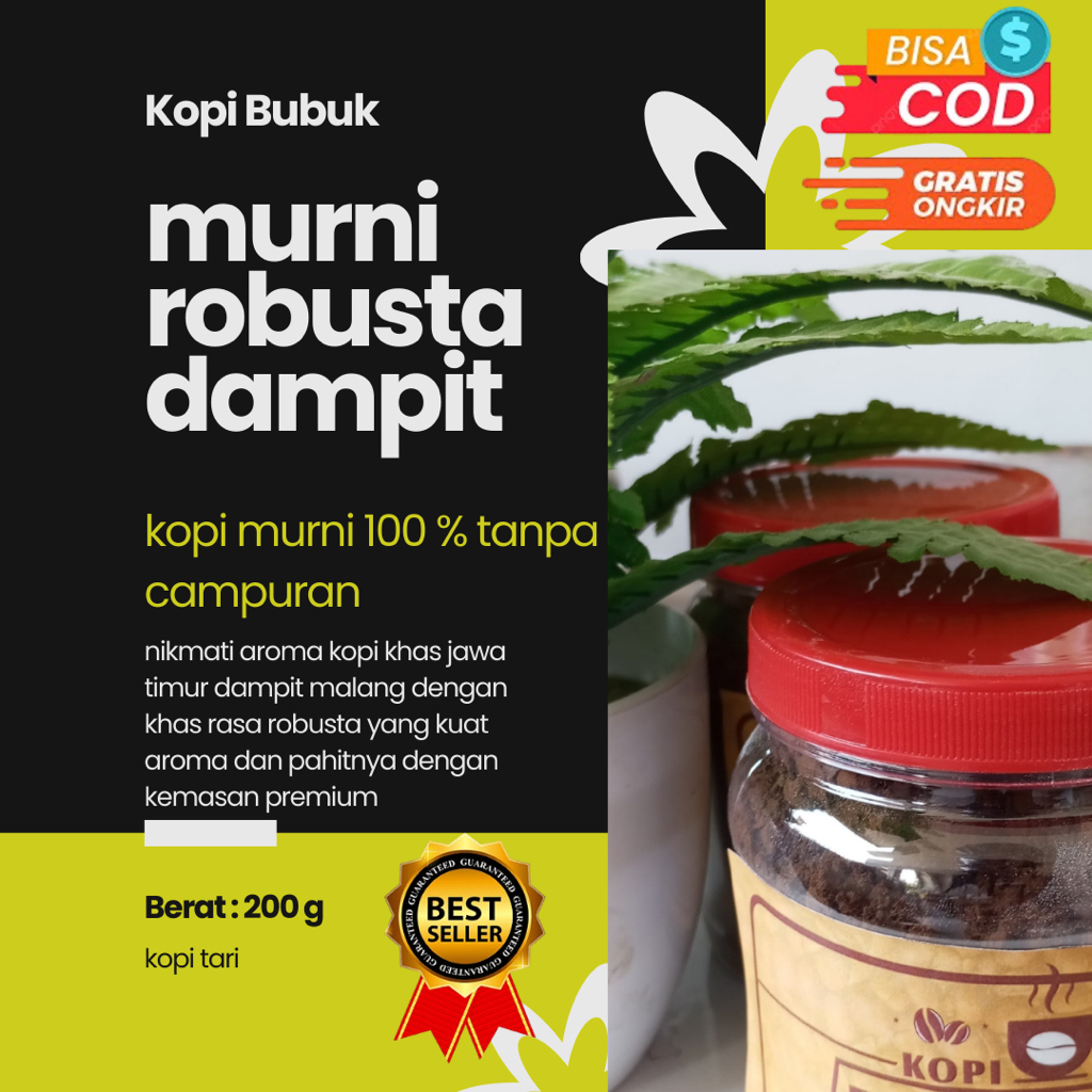 

Kopi Bubuk Murni 100% Robusta Dampit 200g Kemasan premium