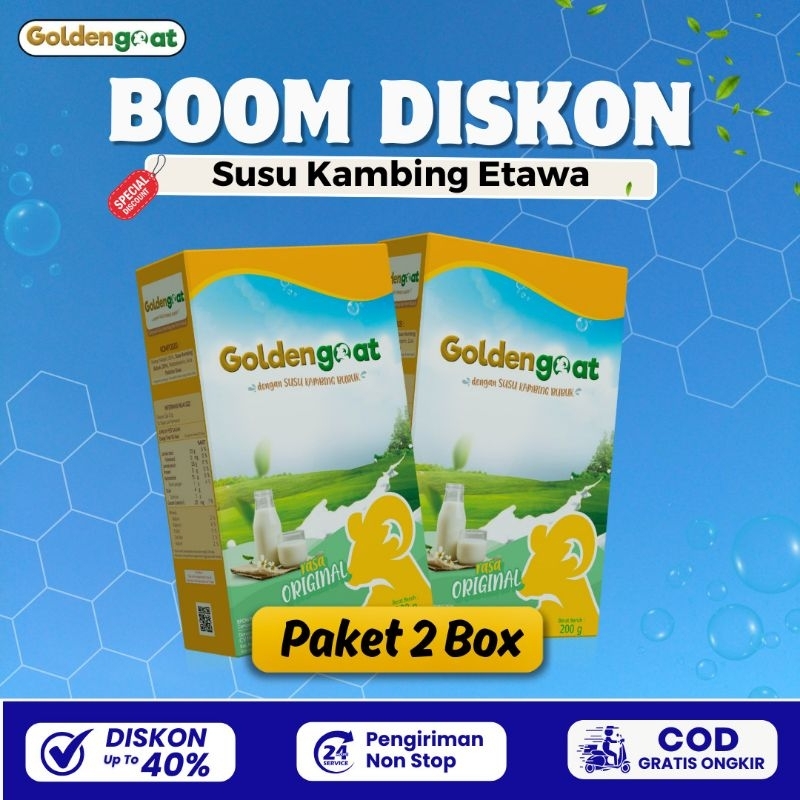 

PAKET 2 BOX GOLDENGOAT SUSU KAMBING ETAWA BUBUK ORIGINAL MURAH ATASI SESAK NAFAS NYERI SENDI TULANG LUTUT PUNGGUNG REUMATIK