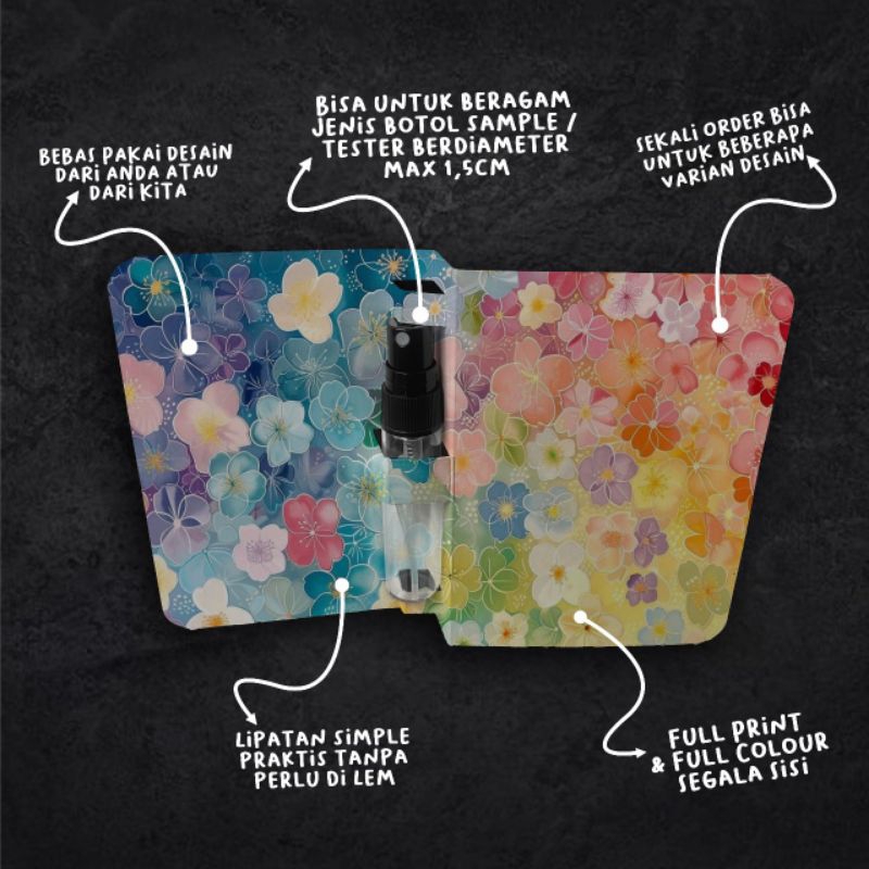 

SAMPLE CARD Custom printing / packing botol TESTER parfum / 10x7cm