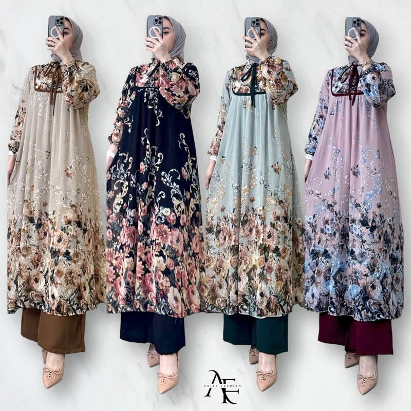 ONE SET TUNIK KEISHA MOTIF MARMER - SETELAN CERUTY SEMI JUMBO BUSUI FRIENDLY - ONESET WANITA TERBARU
