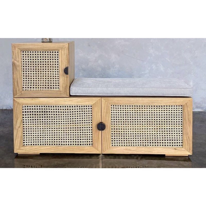 Lemari Sepatu Kayu Jati Asli Dengan Anyaman Rotan | Lemari Sepatu Dengan Busa Dudukan Kayu Asli Soli