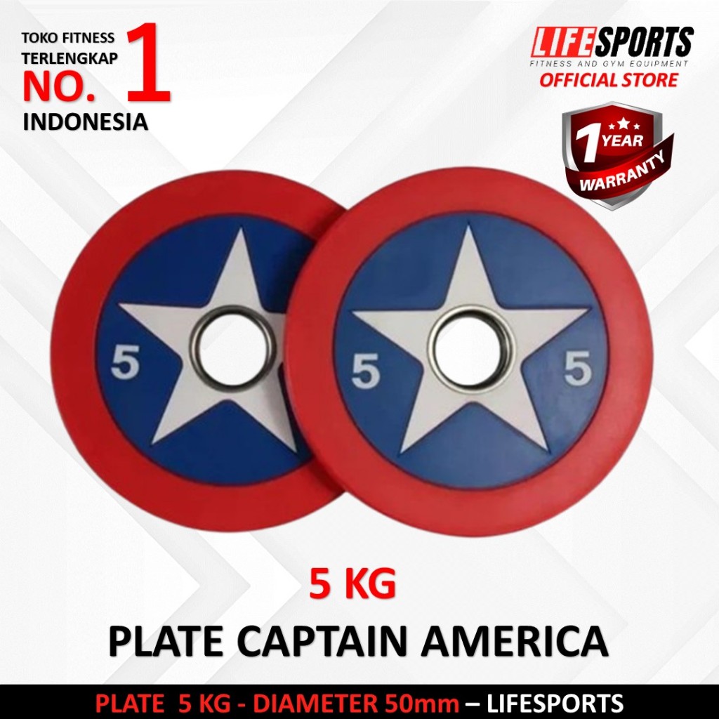 LIFESPORTS - New Alat Olahraga Fitness Gym Captain America Weight Rubber Plate Olympic Bumper 5 Kg